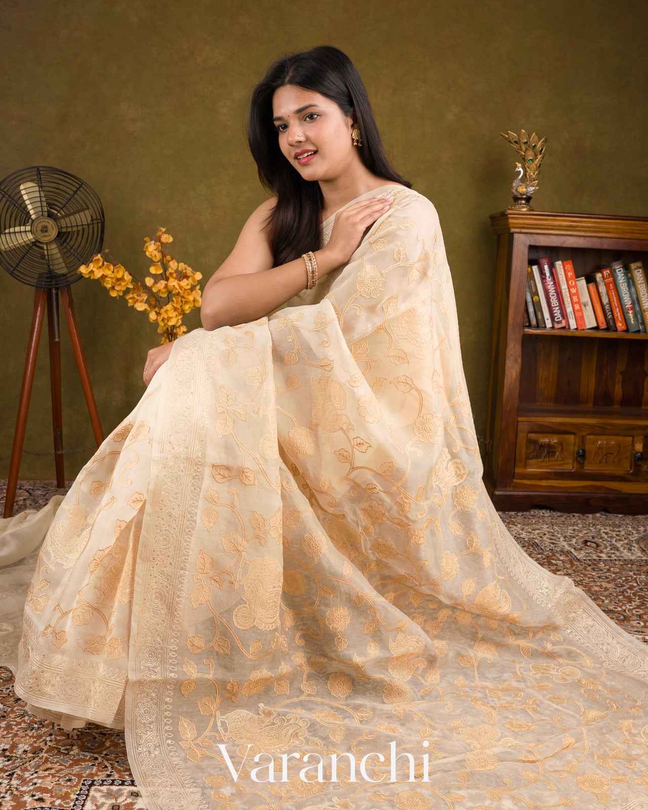 Ivory Cream Peacock Applique Pure Kora Silk Saree 