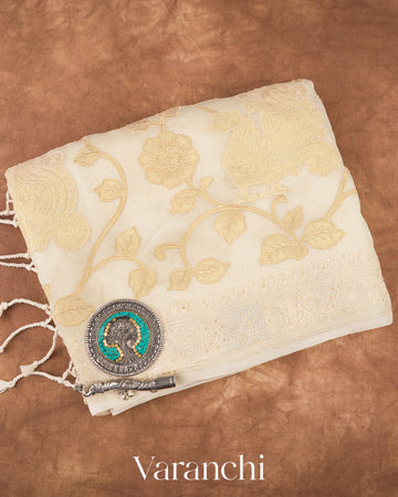 Ivory Peacock Applique and Embroidered Pure Kora Silk Saree