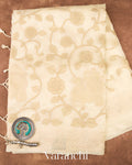 Ivory Cream Peacock Applique Pure Kora Silk Saree 