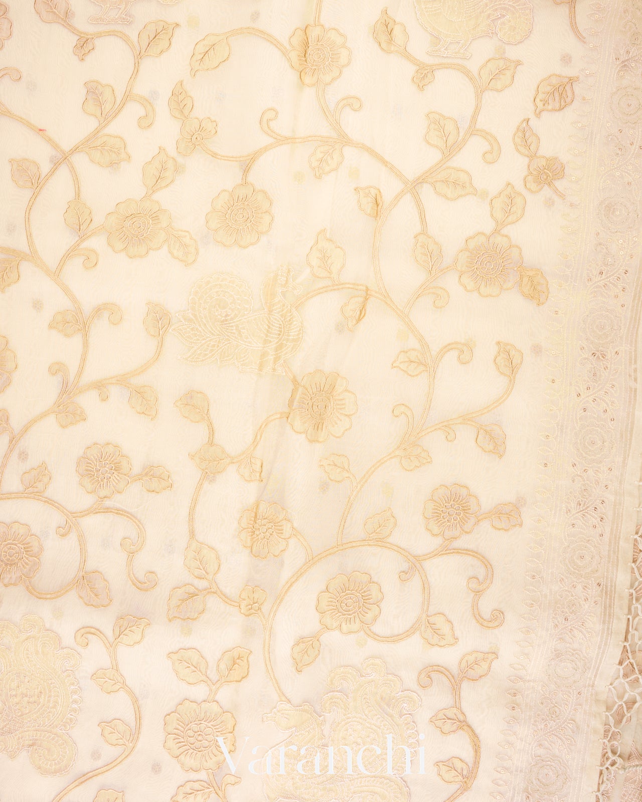 Ivory Cream Peacock Applique Pure Kora Silk Saree 