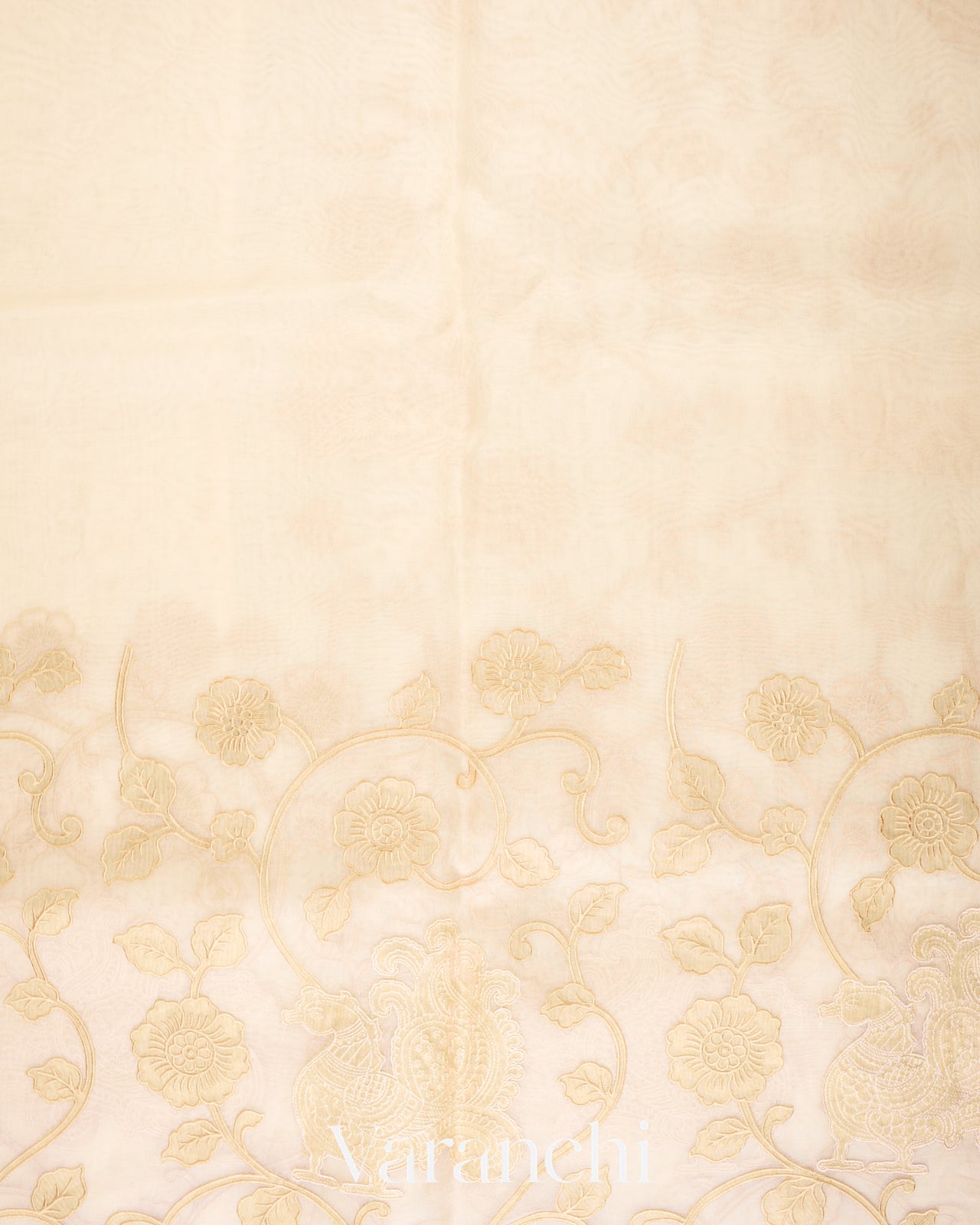 Ivory Cream Peacock Applique Pure Kora Silk Saree 