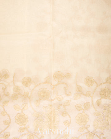 Ivory Cream Peacock Applique Pure Kora Silk Saree 