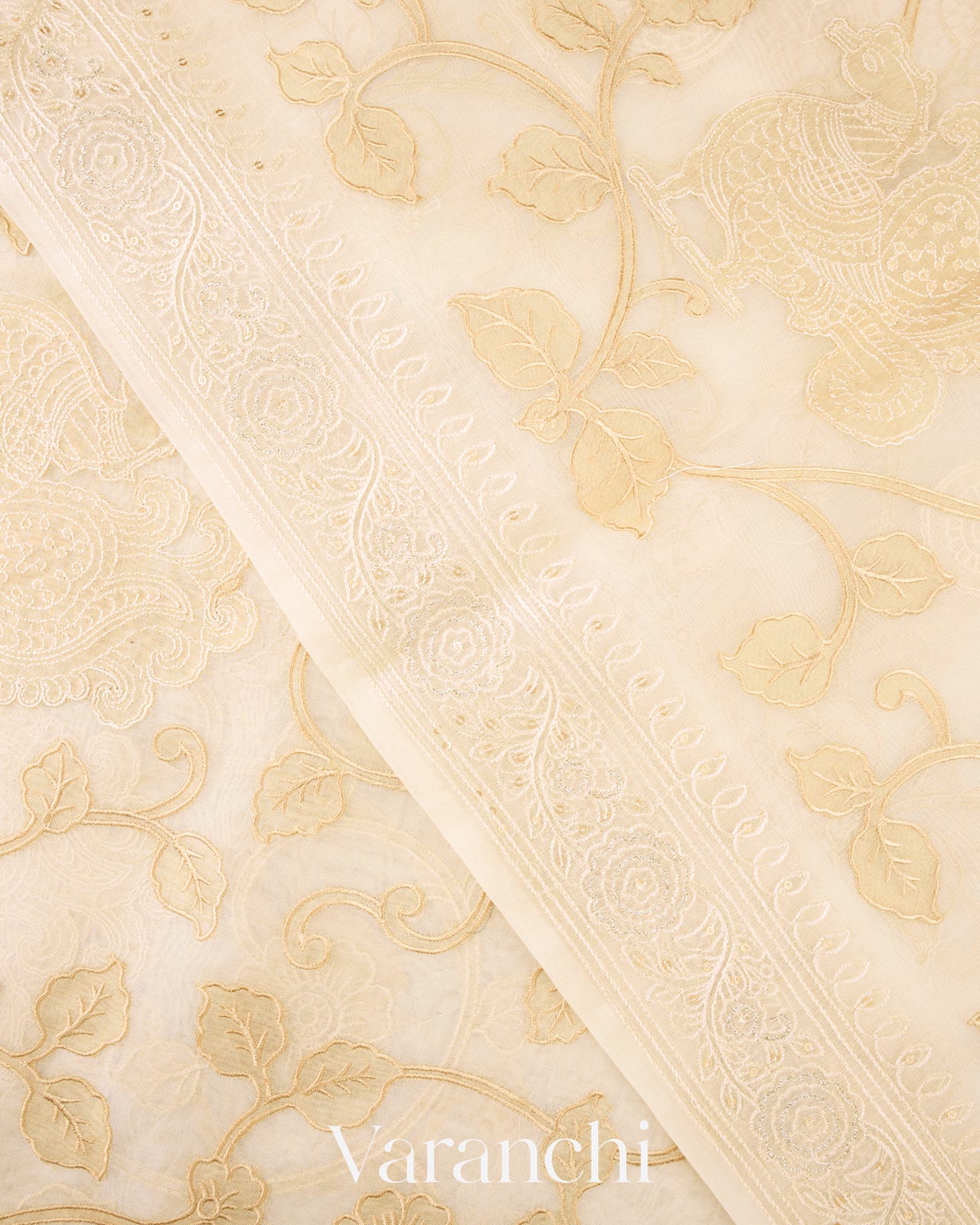 Ivory Cream Peacock Applique Pure Kora Silk Saree 