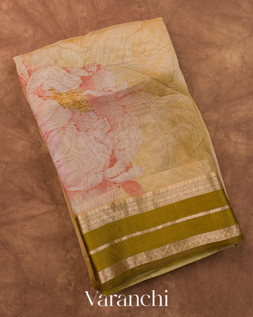 Muted Yellow Floral Printed Pure Kora Silk Saree