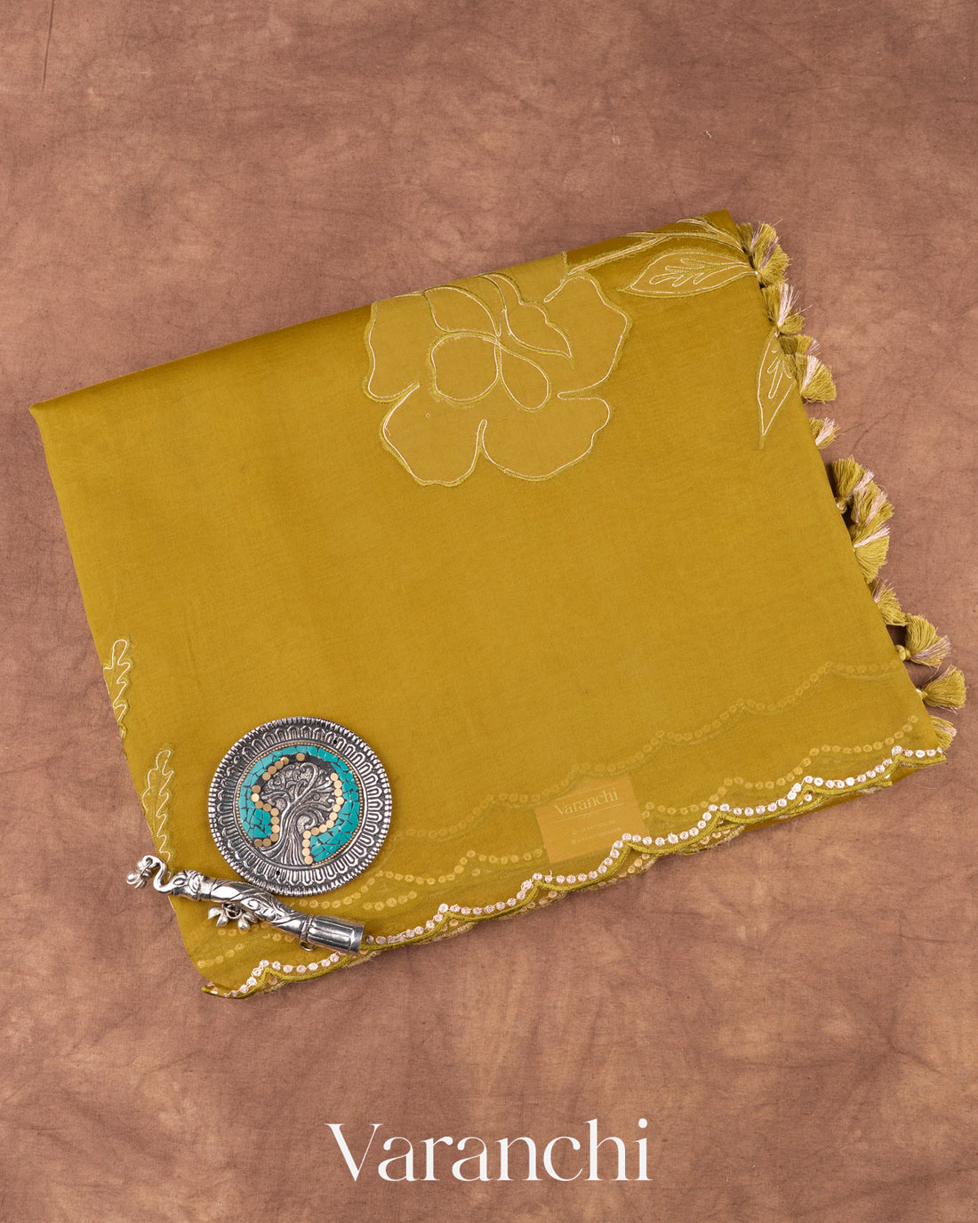 Mehandi Green Floral Applique Pure Kora Silk Saree