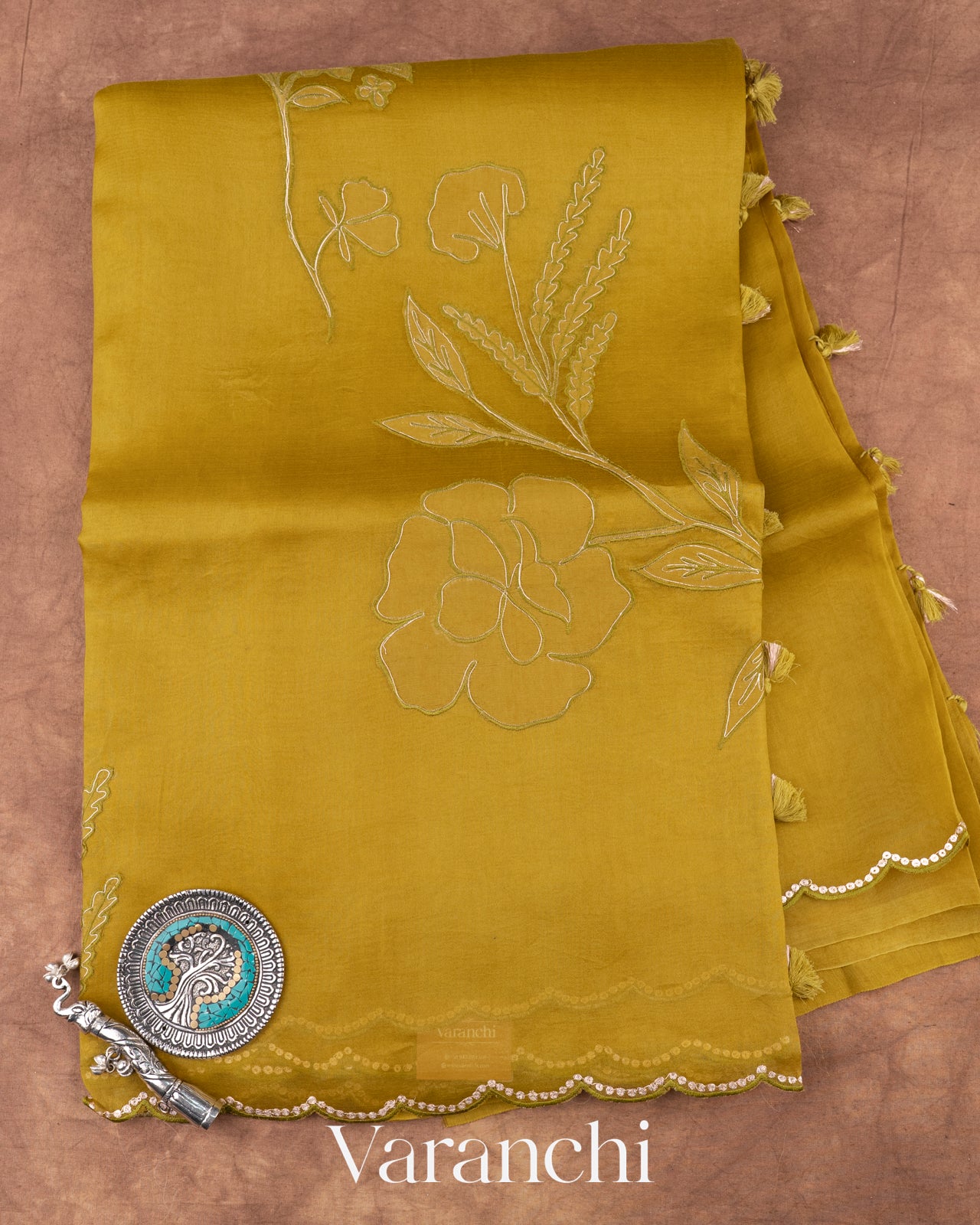 Mehandi Green Floral Applique Pure Kora Silk Saree