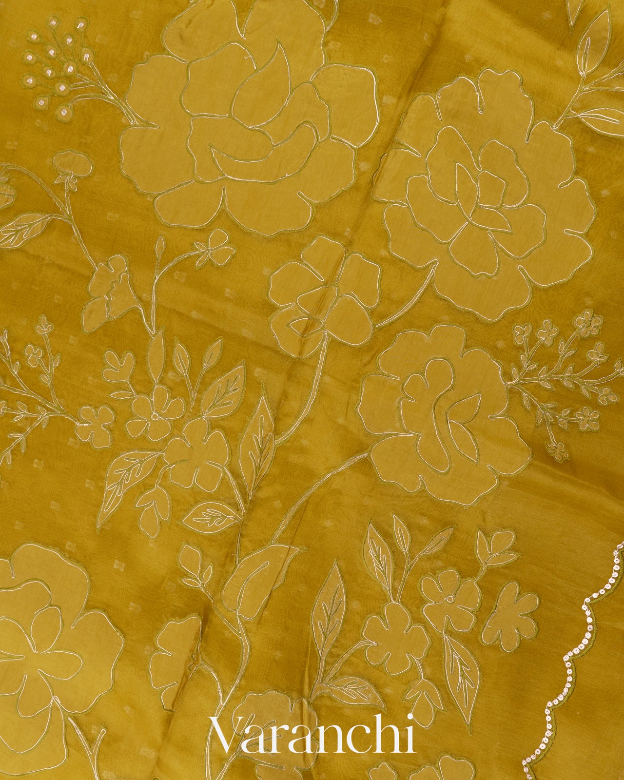 Mehandi Green Floral Applique Pure Kora Silk Saree