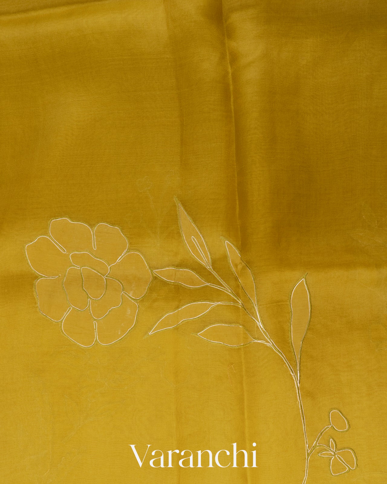 Mehandi Green Floral Applique Pure Kora Silk Saree