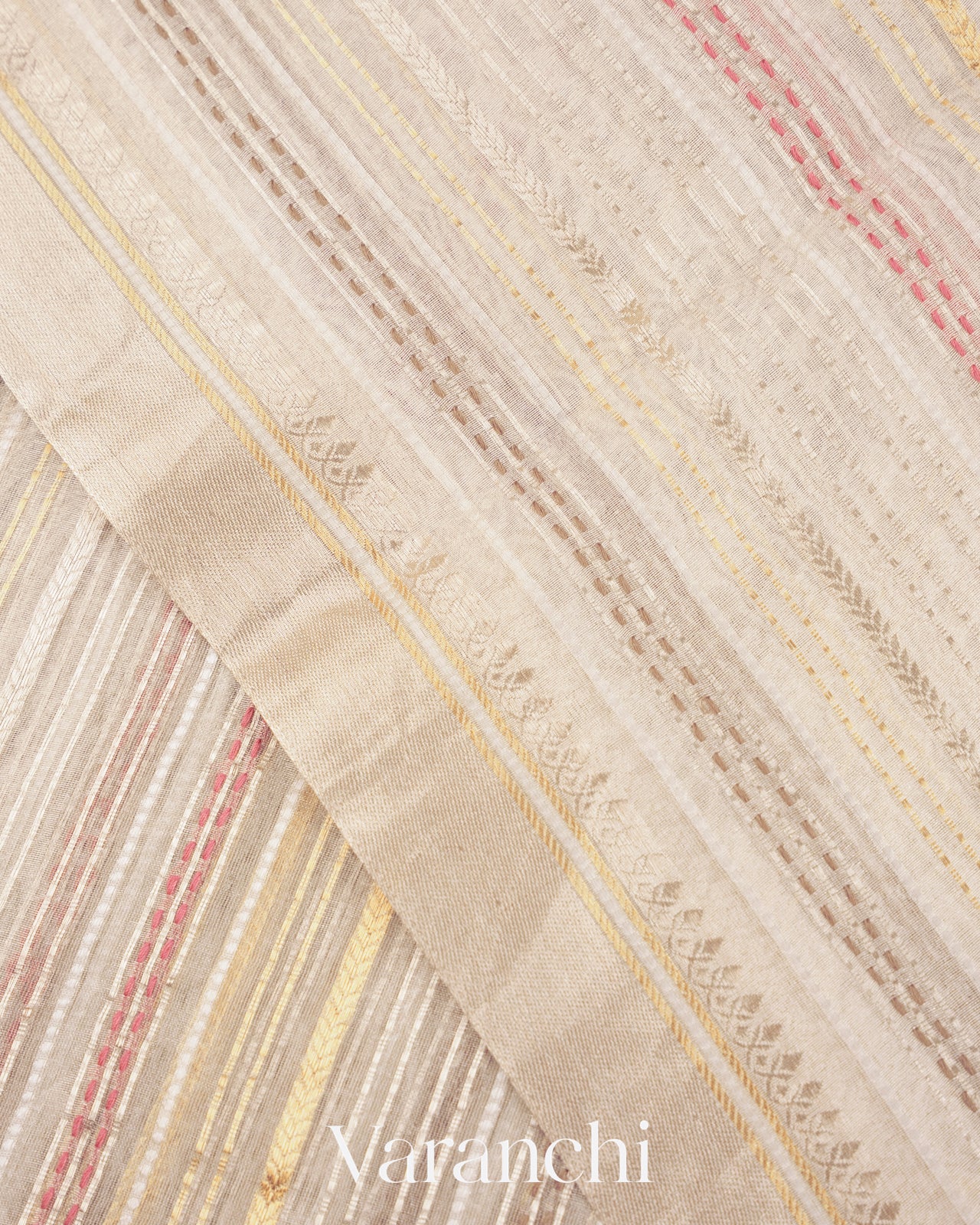 Pearl White Embroidered and Applique Pure Tissue Kora Silk Saree