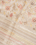 Pearl White Embroidered and Applique Pure Tissue Kora Silk Saree