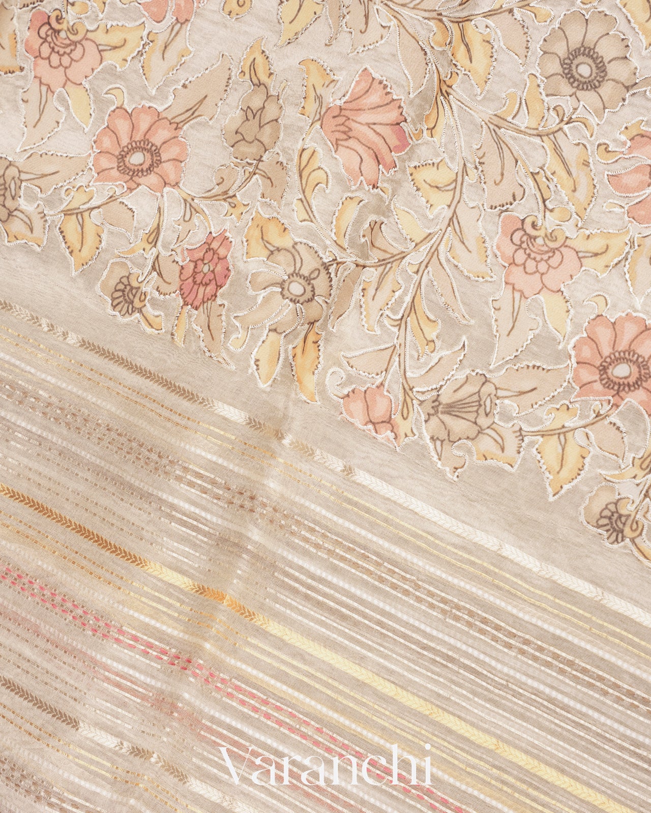 Pearl White Embroidered and Applique Pure Tissue Kora Silk Saree