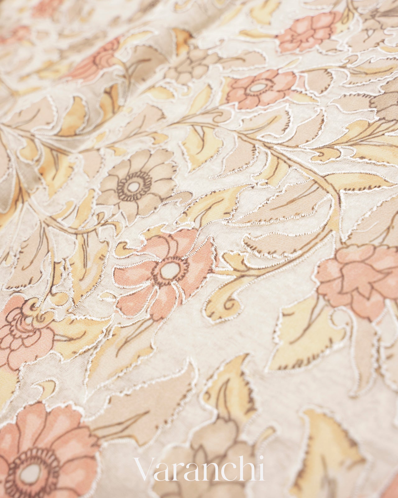 Pearl White Embroidered and Applique Pure Tissue Kora Silk Saree