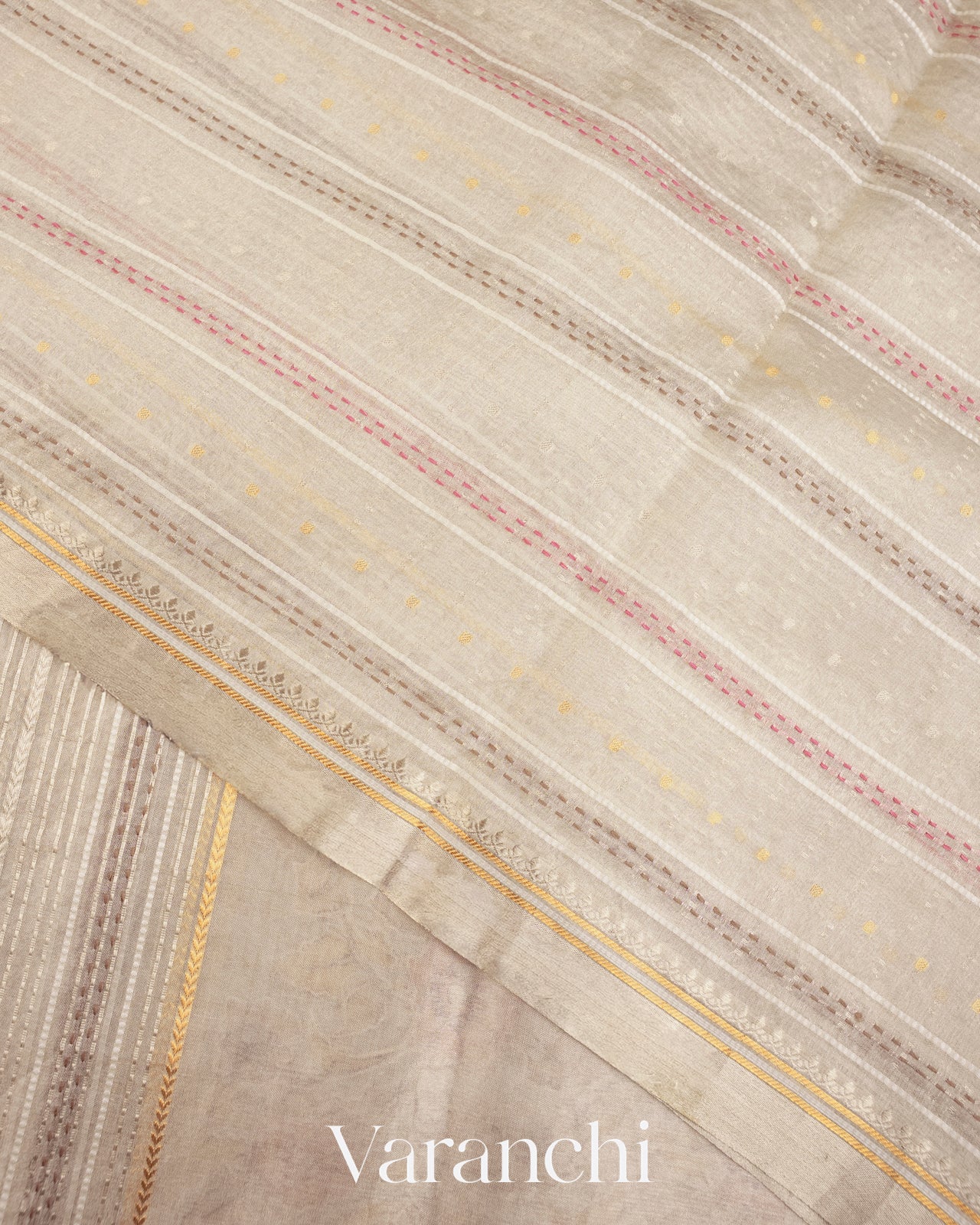 Pearl White Embroidered and Applique Pure Tissue Kora Silk Saree