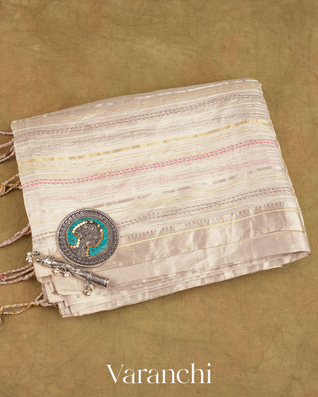 Pearl White Embroidered and Applique Pure Tissue Kora Silk Saree