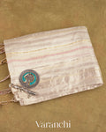 Pearl White Embroidered and Applique Pure Tissue Kora Silk Saree