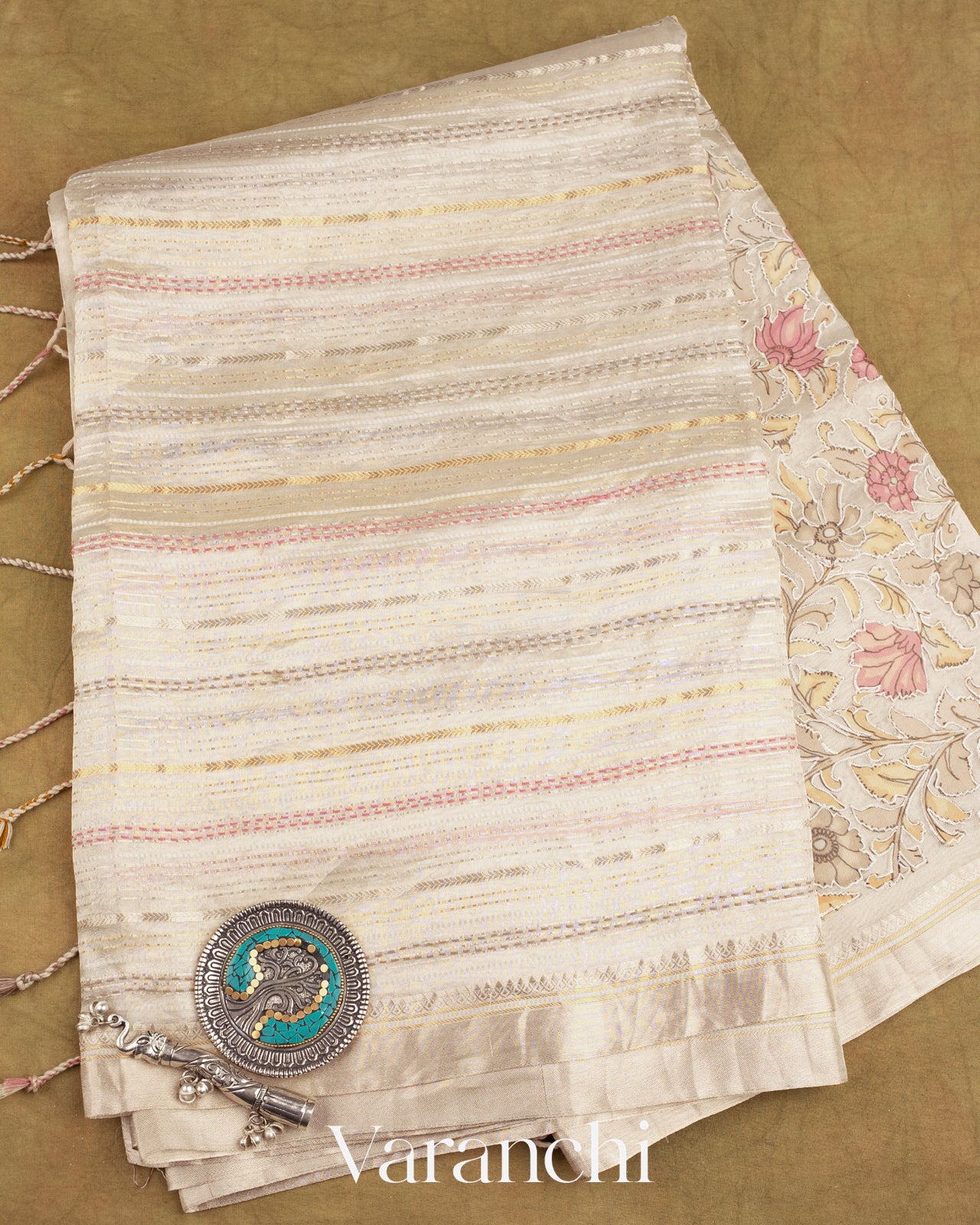 Pearl White Embroidered and Applique Pure Tissue Kora Silk Saree