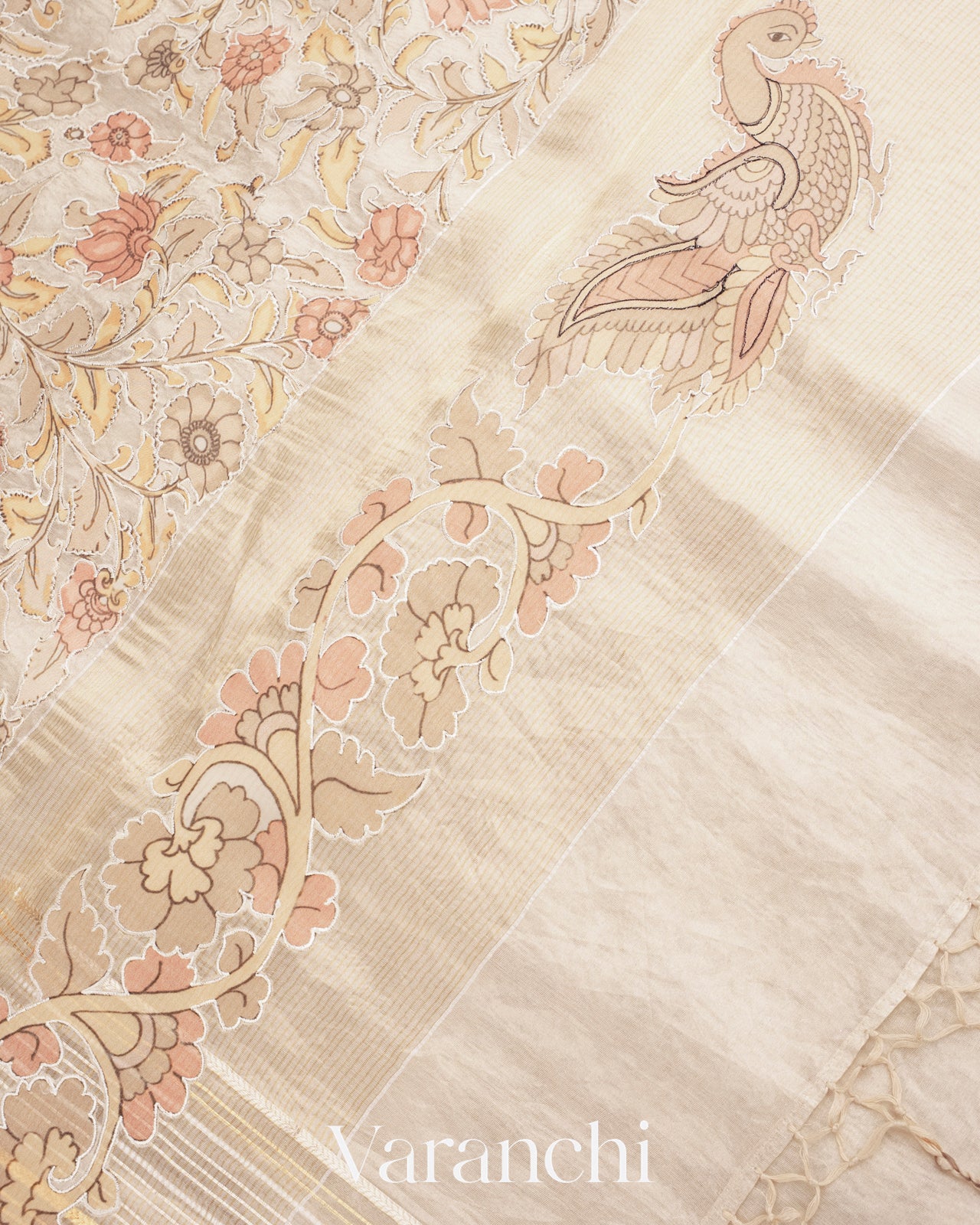 Pearl White Embroidered and Applique Pure Tissue Kora Silk Saree