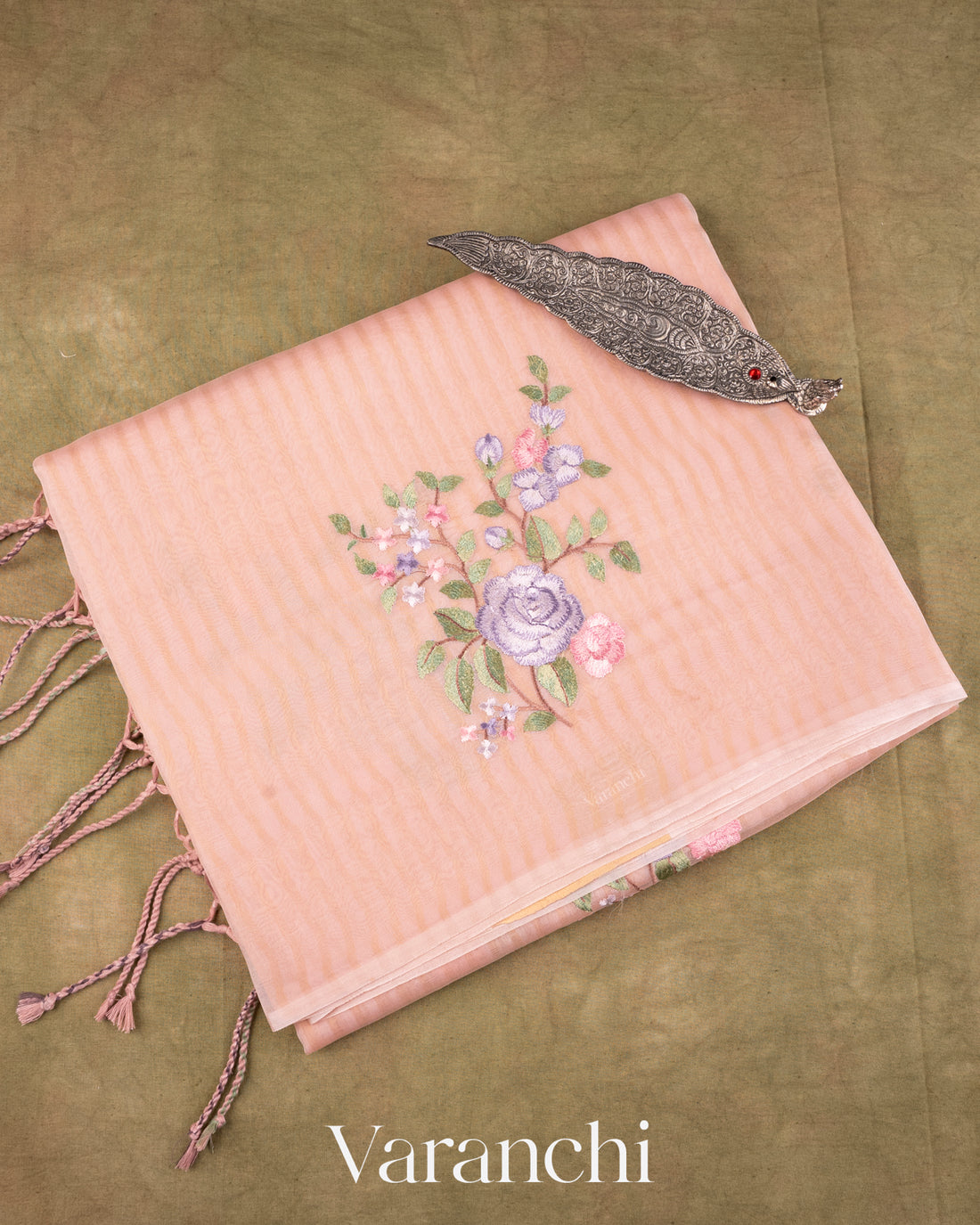 Baby Pink Floral Applique and Embroidered Pure Kora Silk Saree
