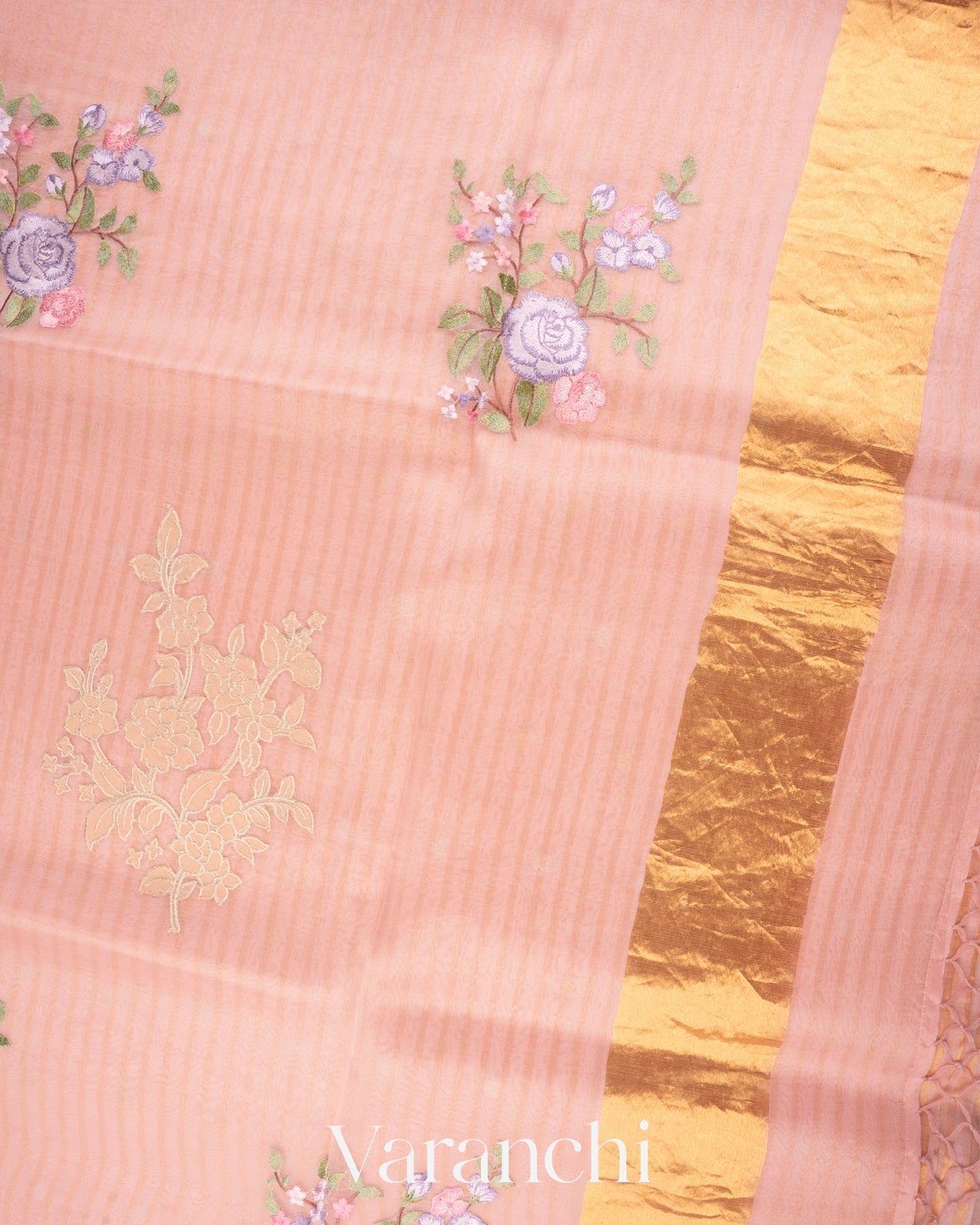 Baby Pink Floral Applique and Embroidered Pure Kora Silk Saree