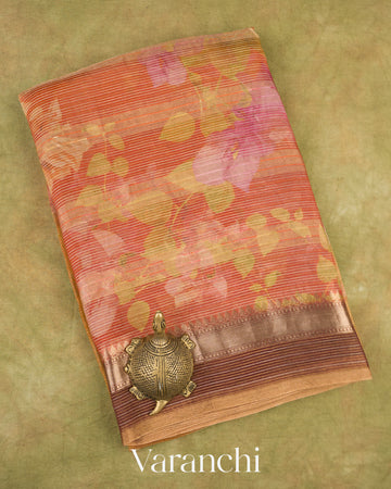 Rusty Red and Light Yellow Ombre-Dyed Pure Kora Silk Saree