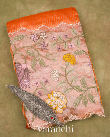 Orange Tissue Striped and Embroidered Border Pure Kora Silk Saree