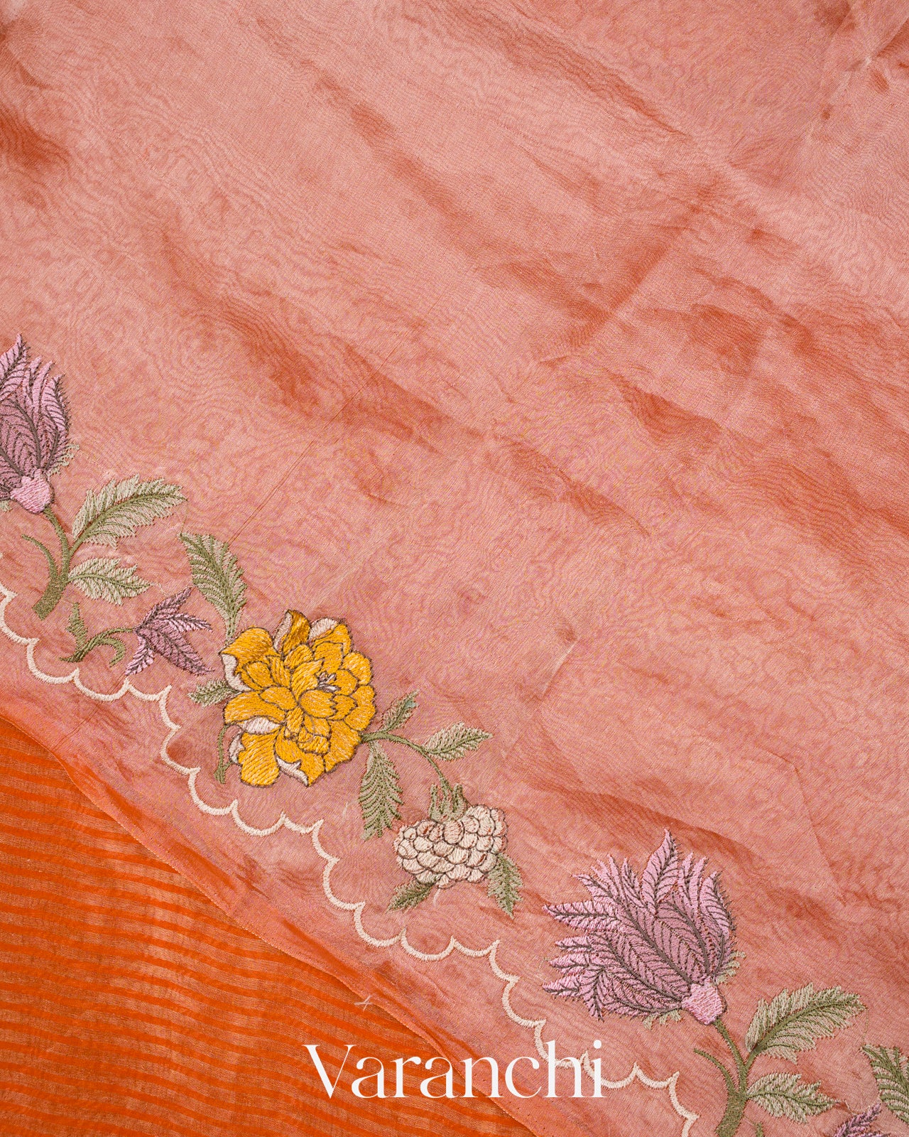 Orange Tissue Striped and Embroidered Border Pure Kora Silk Saree