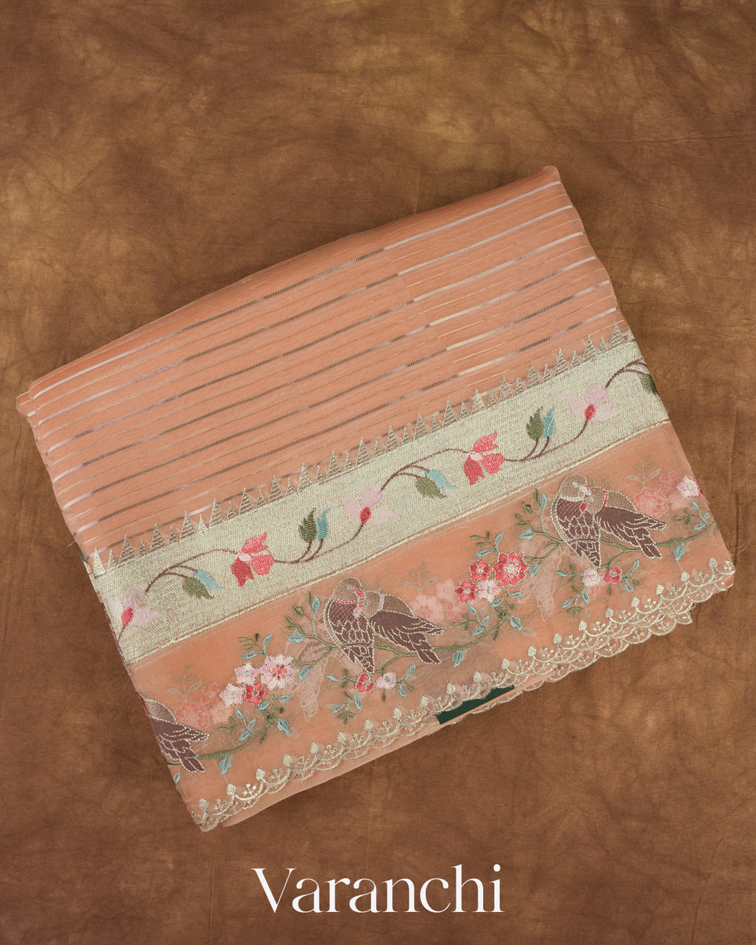 Soft Peach Tissue Striped and Embroidered Border Pure Kora Silk Saree