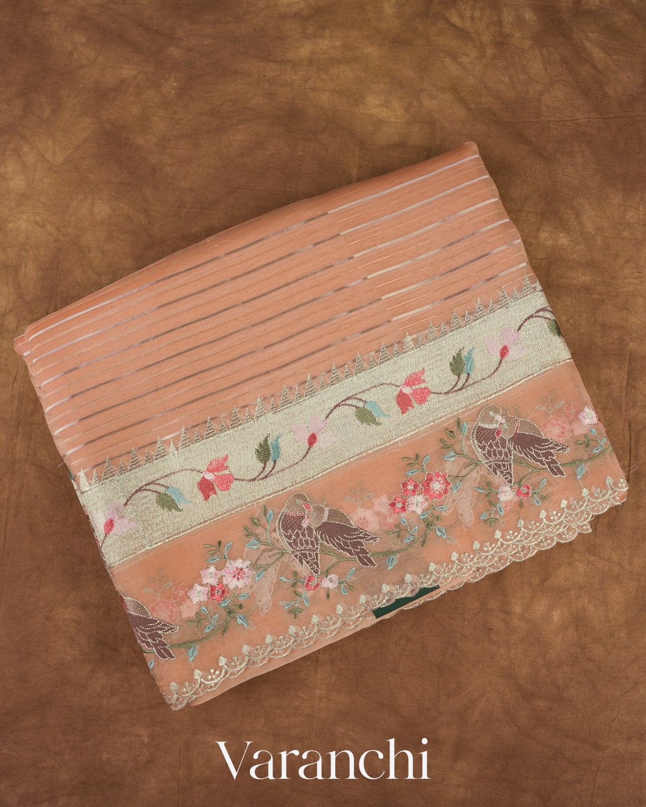 Soft Peach Tissue Striped and Embroidered Border Pure Kora Silk Saree