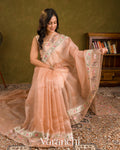 Soft Peach Tissue Striped and Embroidered Border Pure Kora Silk Saree