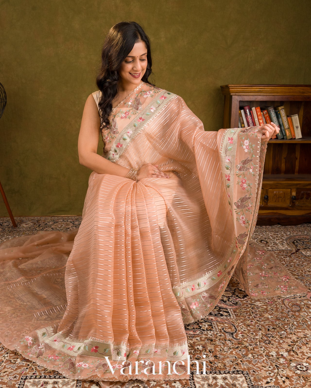 Soft Peach Tissue Striped and Embroidered Border Pure Kora Silk Saree