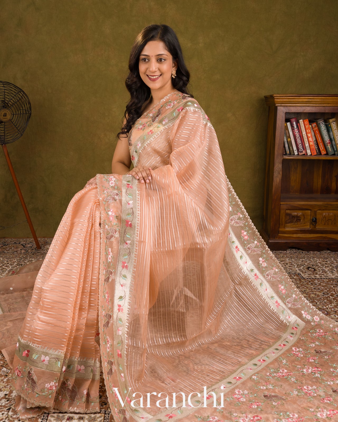Soft Peach Tissue Striped and Embroidered Border Pure Kora Silk Saree