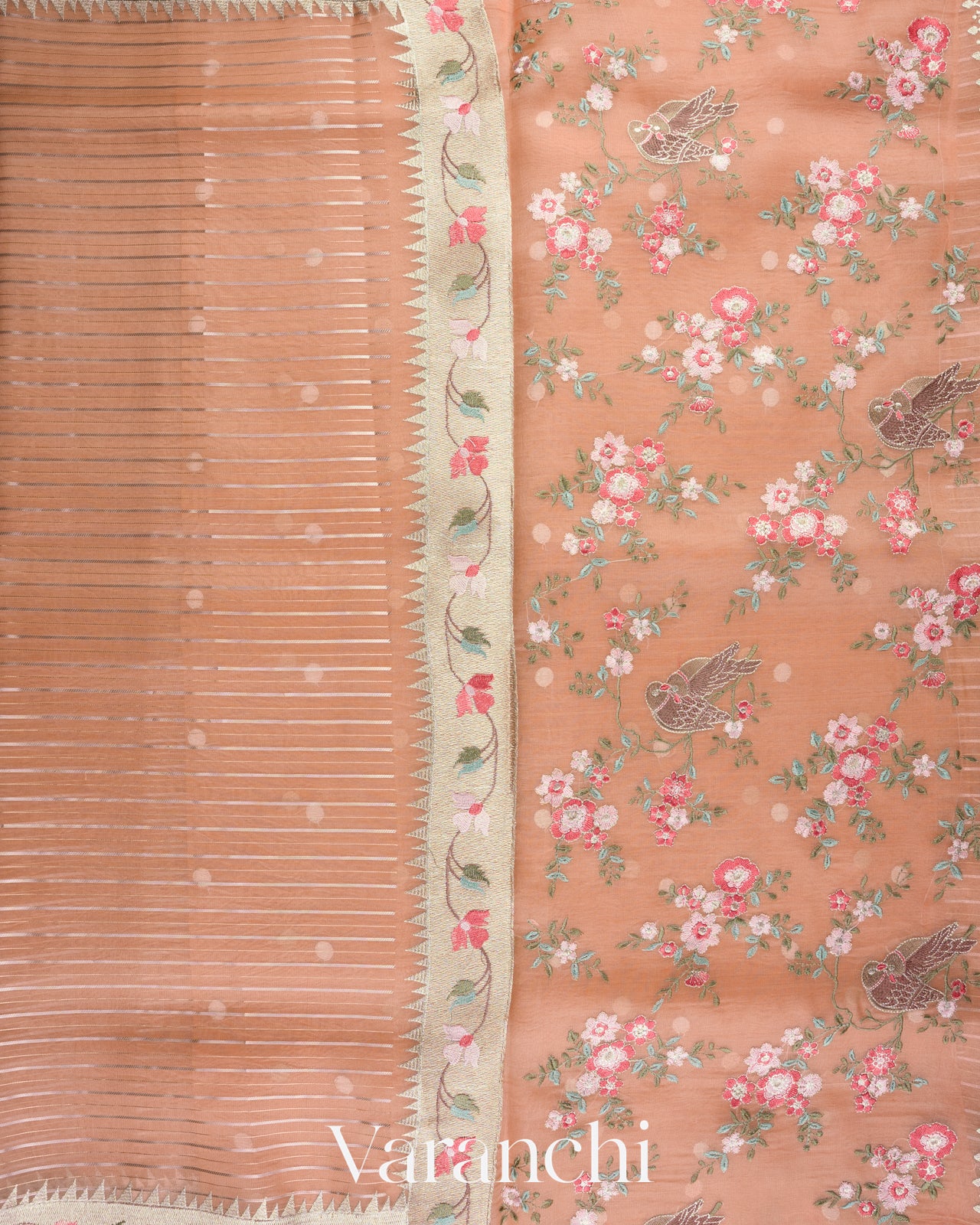 Soft Peach Tissue Striped and Embroidered Border Pure Kora Silk Saree
