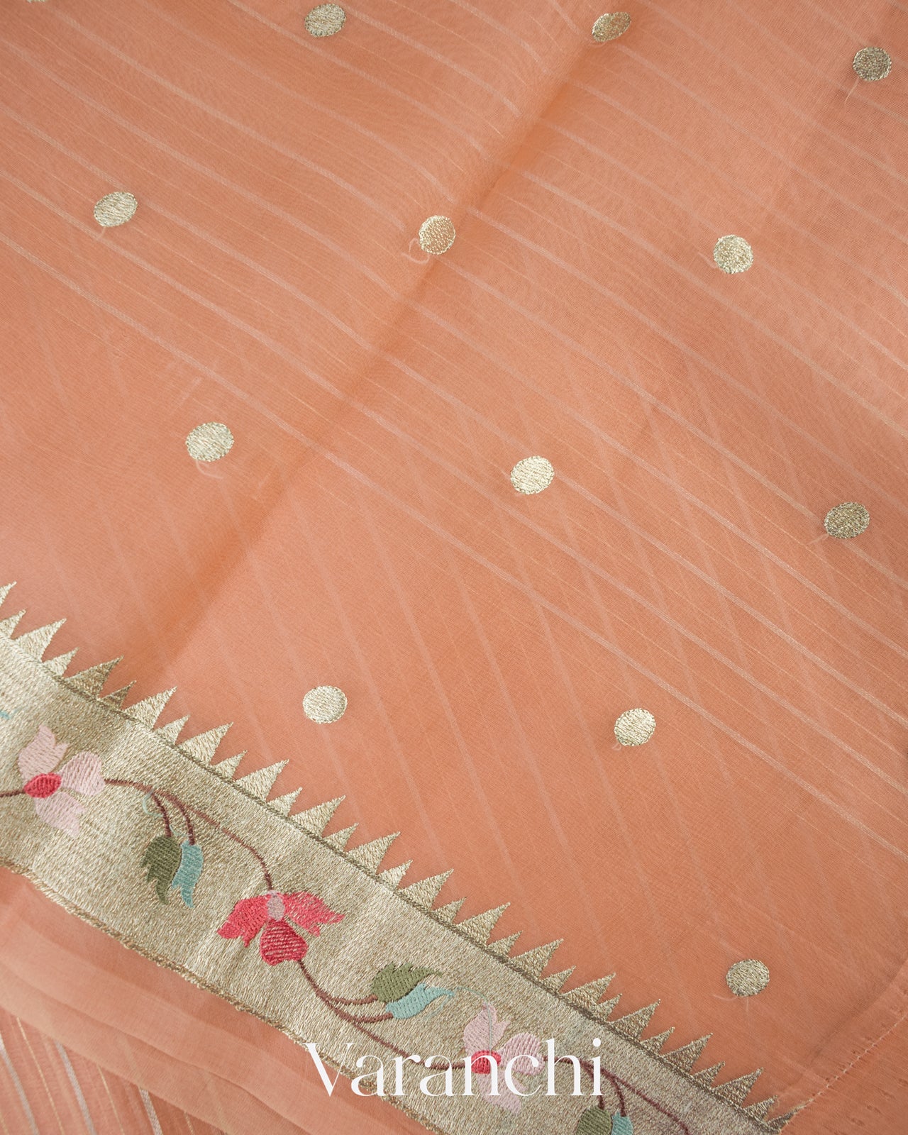 Soft Peach Tissue Striped and Embroidered Border Pure Kora Silk Saree