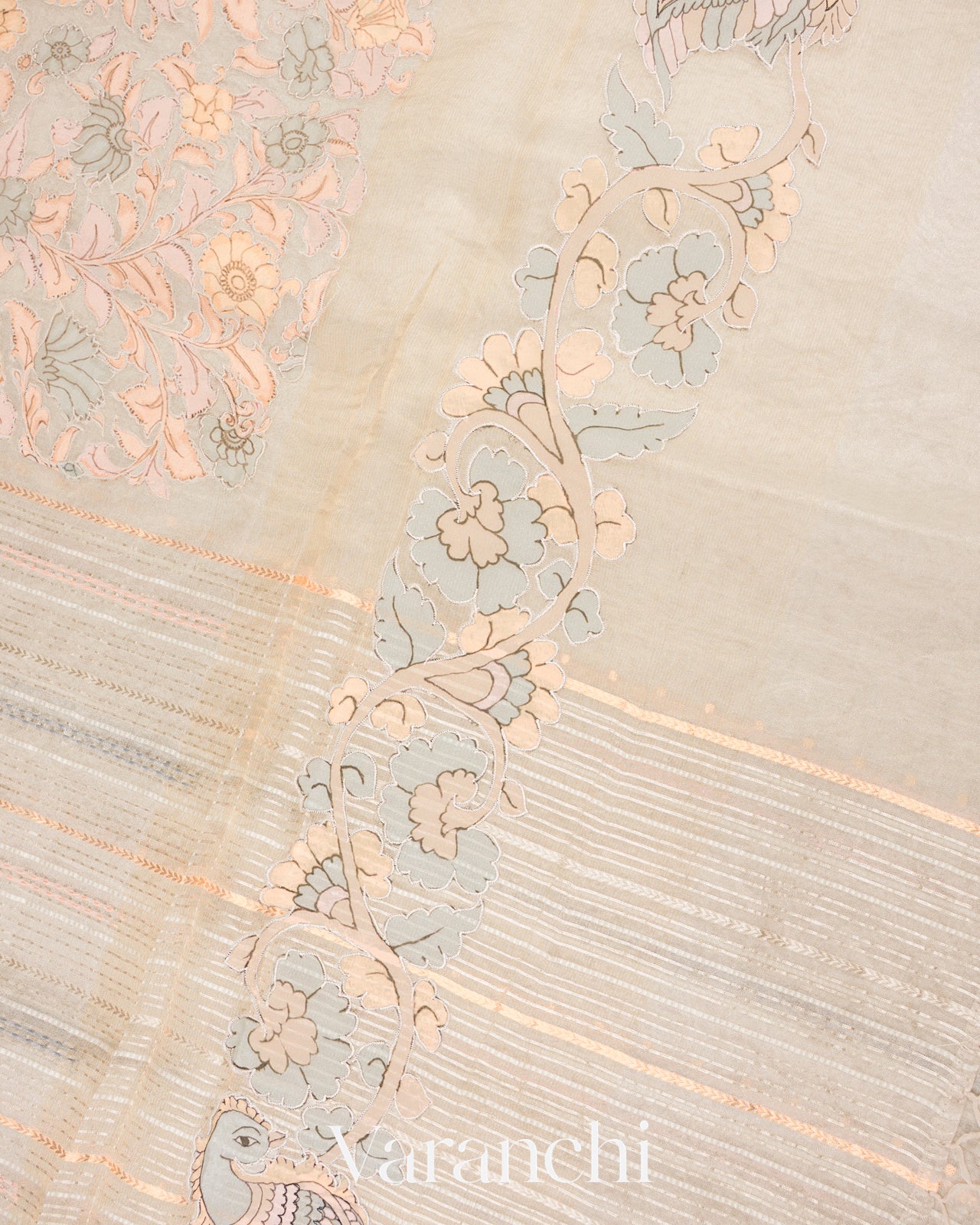 Pearl White Embroidered and Sandalwood Applique Pure Tissue Kora Silk Saree