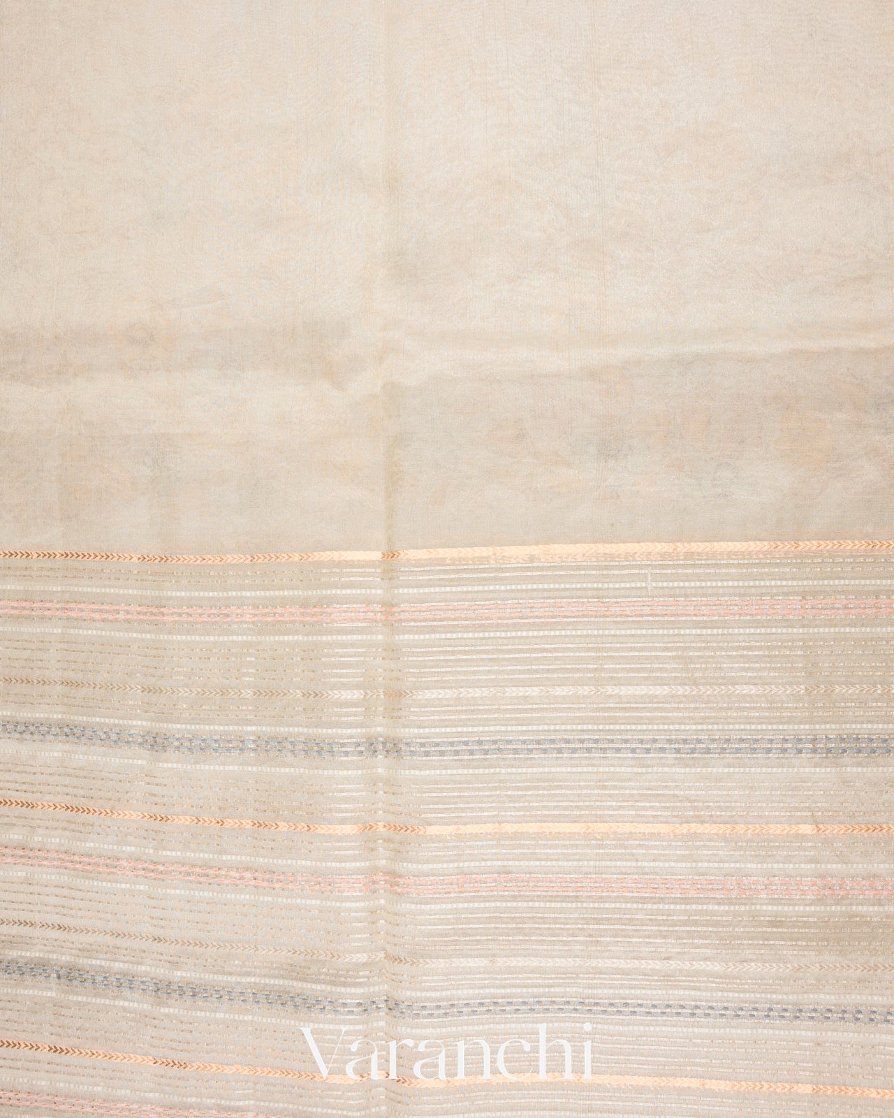 Pearl White Embroidered and Sandalwood Applique Pure Tissue Kora Silk Saree