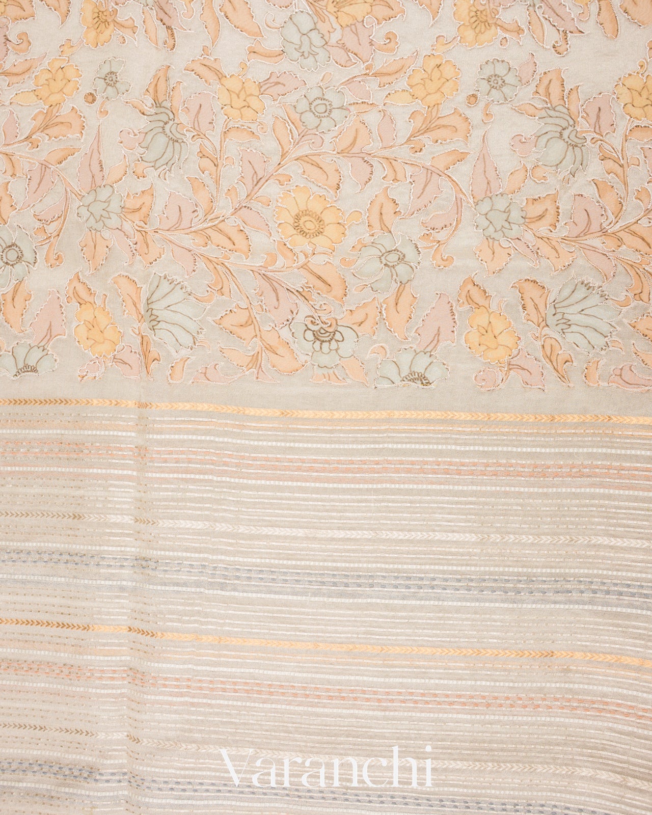 Pearl White Embroidered and Sandalwood Applique Pure Tissue Kora Silk Saree