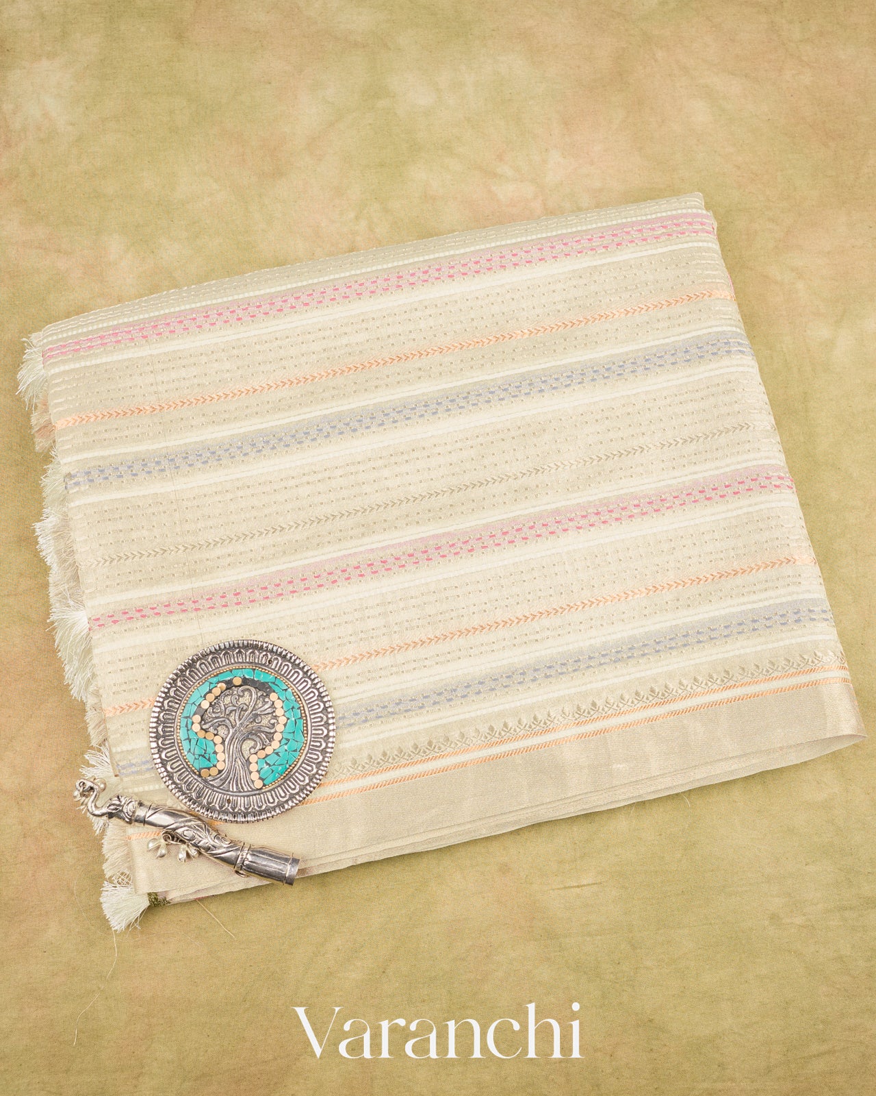 Pearl White Embroidered and Pure Tissue Kora Silk Saree