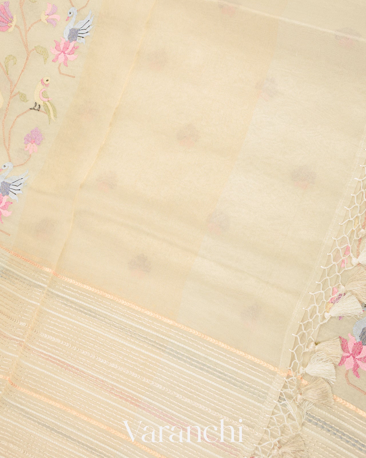 Pearl White Embroidered and Pure Tissue Kora Silk Saree