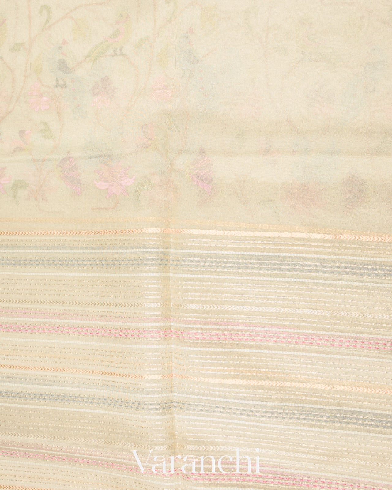 Pearl White Embroidered and Pure Tissue Kora Silk Saree