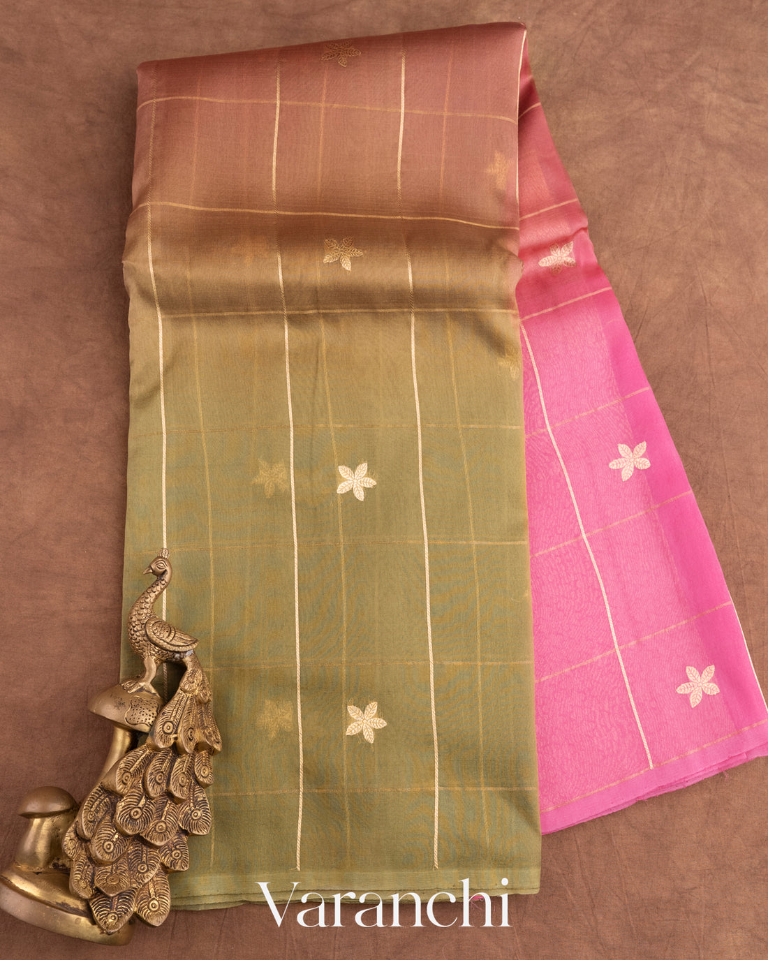 Pink Floral Embroidered Ombre-Dyed Pure Tissue Kora Silk Saree 