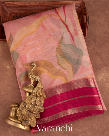 Soft Blush Pink Printed Pure Kora Silk Saree