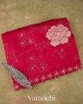 Crimson Red Floral Applique Pure Kora Silk Saree
