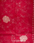 Crimson Red Floral Applique Pure Kora Silk Saree