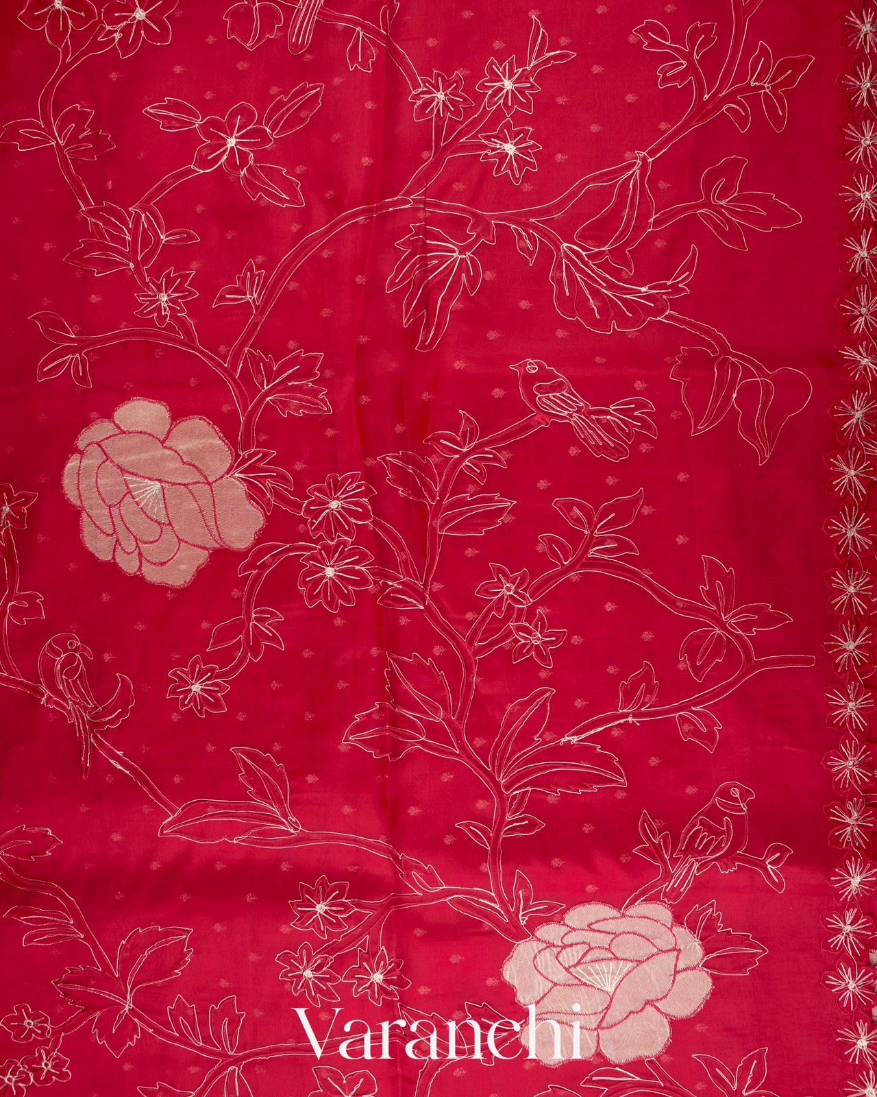 Crimson Red Floral Applique Pure Kora Silk Saree