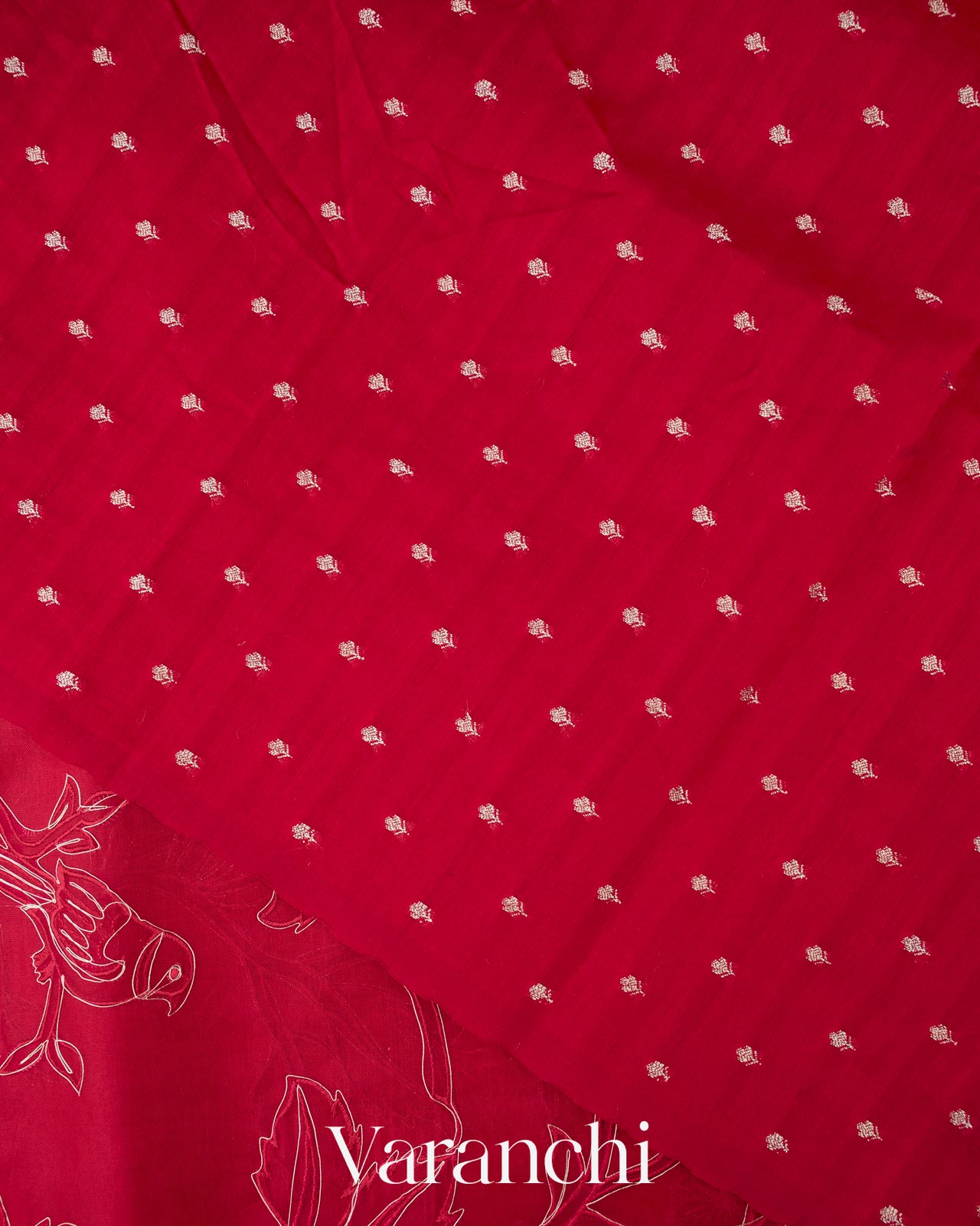 Crimson Red Floral Applique Pure Kora Silk Saree