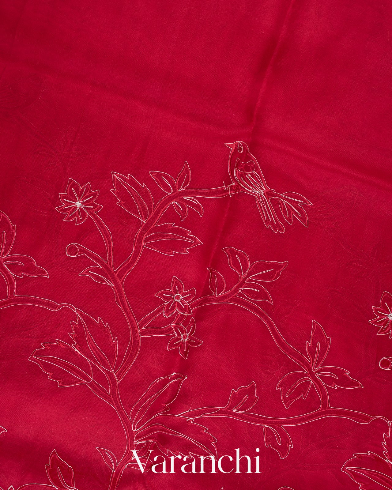 Crimson Red Floral Applique Pure Kora Silk Saree