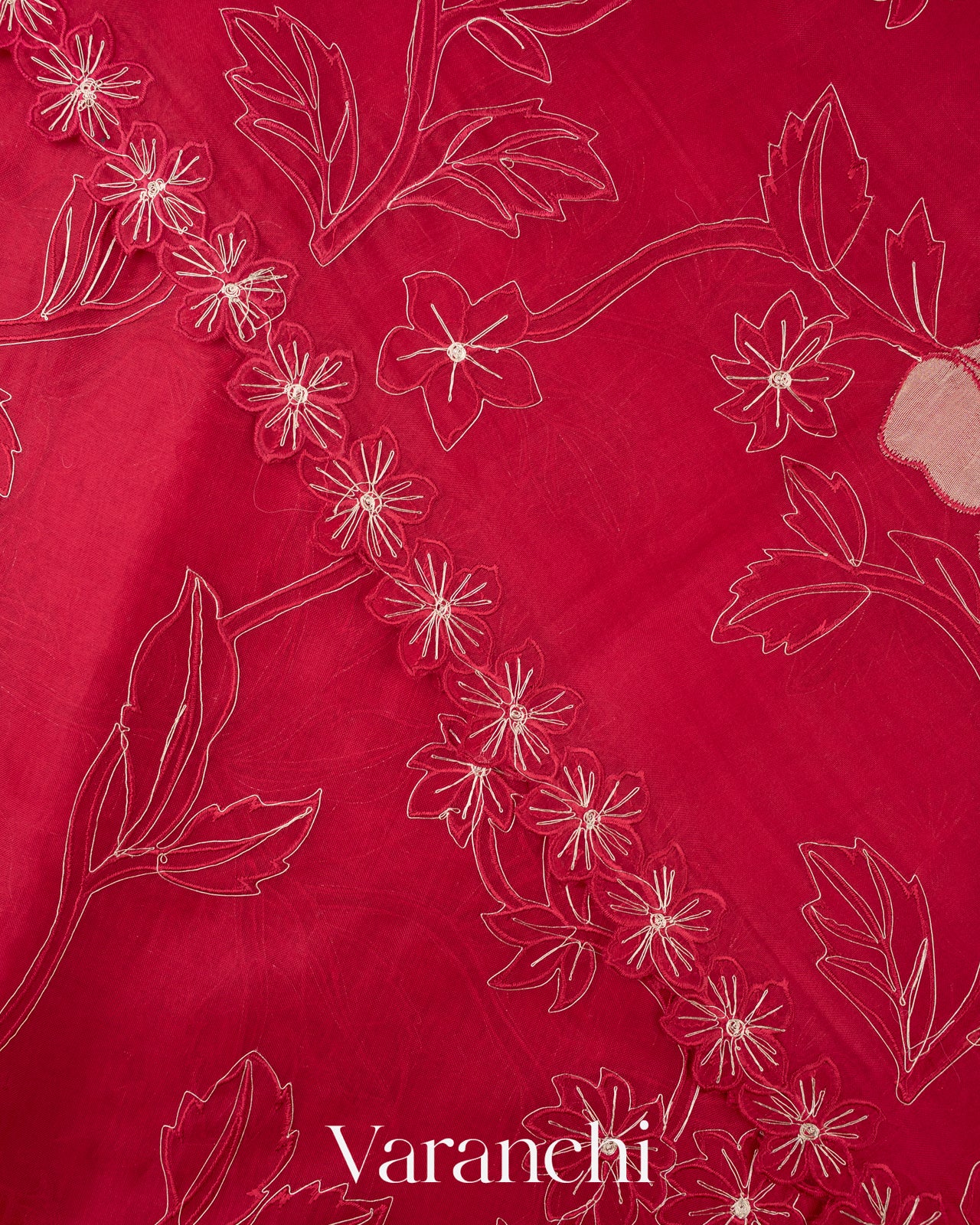 Crimson Red Floral Applique Pure Kora Silk Saree