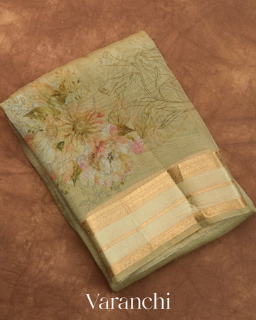 Sage Green Floral Printed Pure Kora Silk Saree