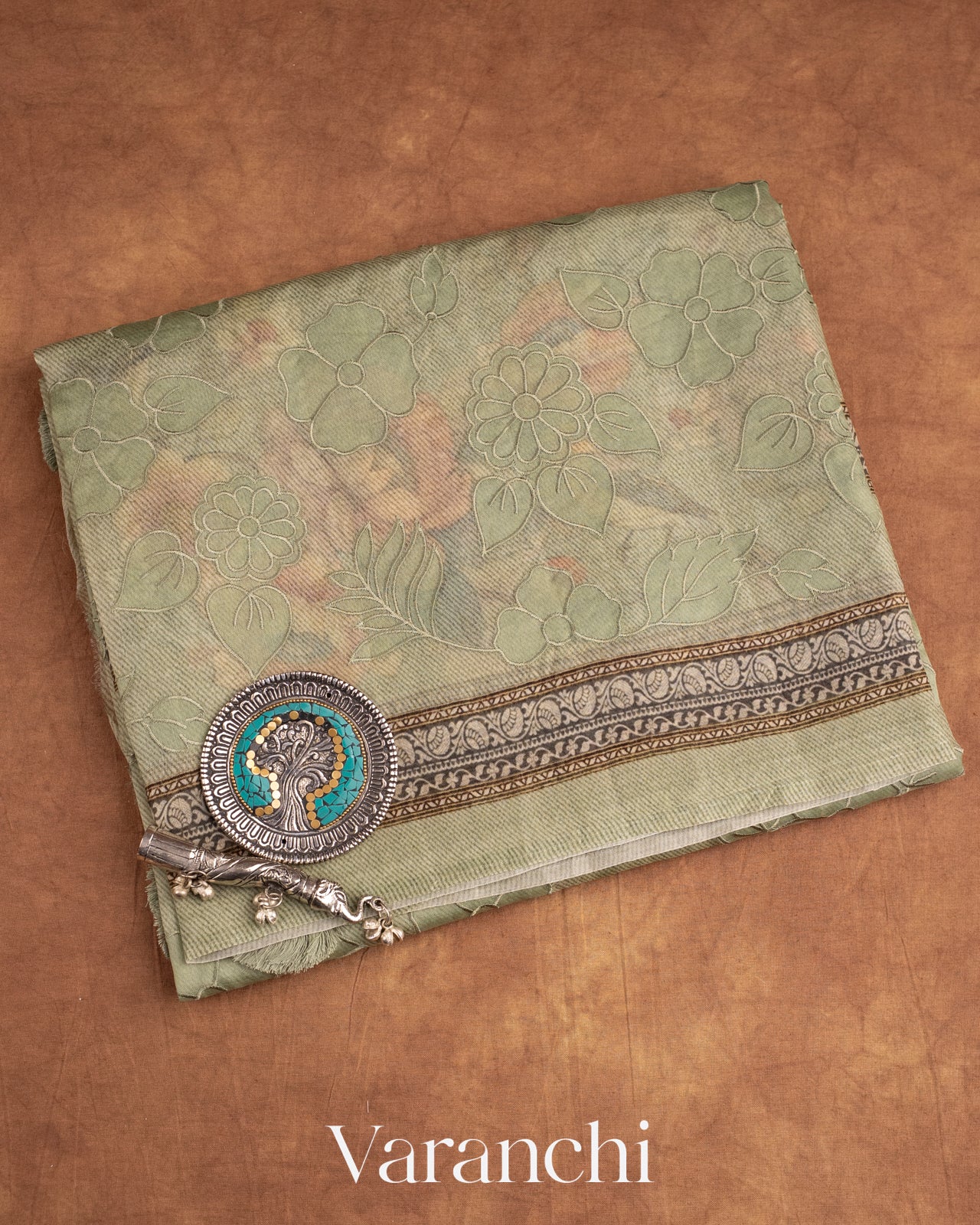 Sage Green Floral Applique Pure Kora Silk Saree