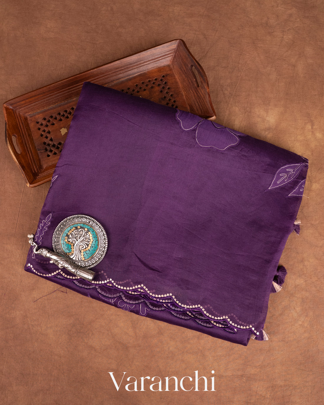 Jamun Purple Floral Applique Pure Kora Silk Saree